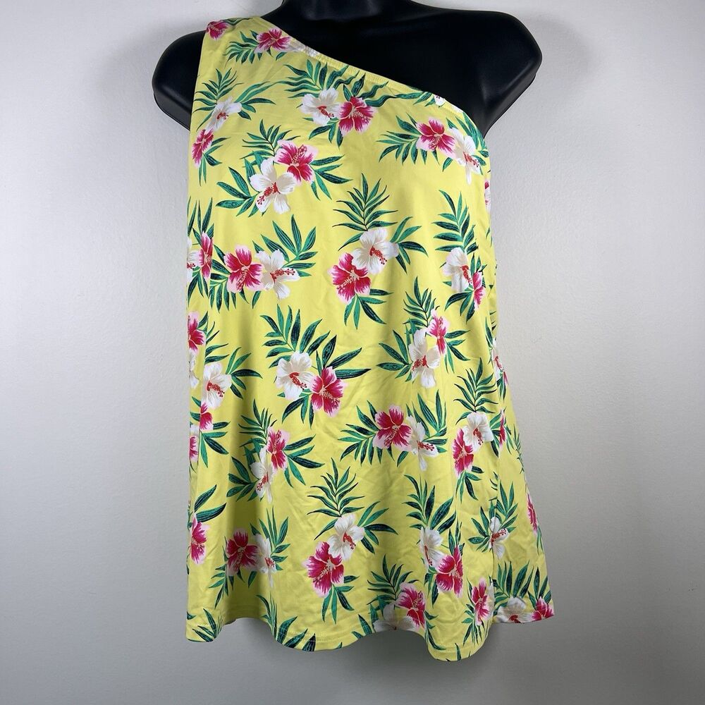 Lands End Tankini Yellow Floral Swim Top Size 14 Tummy Control One Shoulder